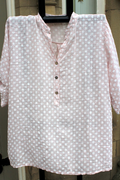 Italian Cotton Gauze Womens Mandarin Collar Muted Spotty Shirt Top